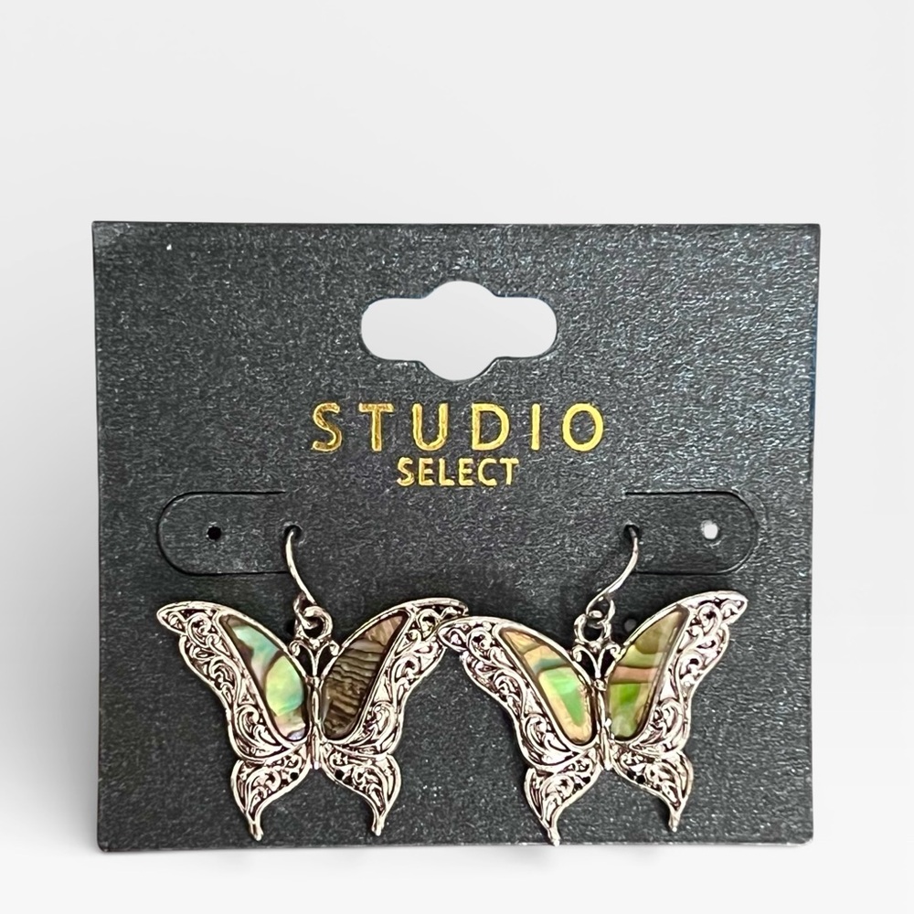 Silver Butterfly Earrings with Abalone Stone Accents - Picture 2 of 5